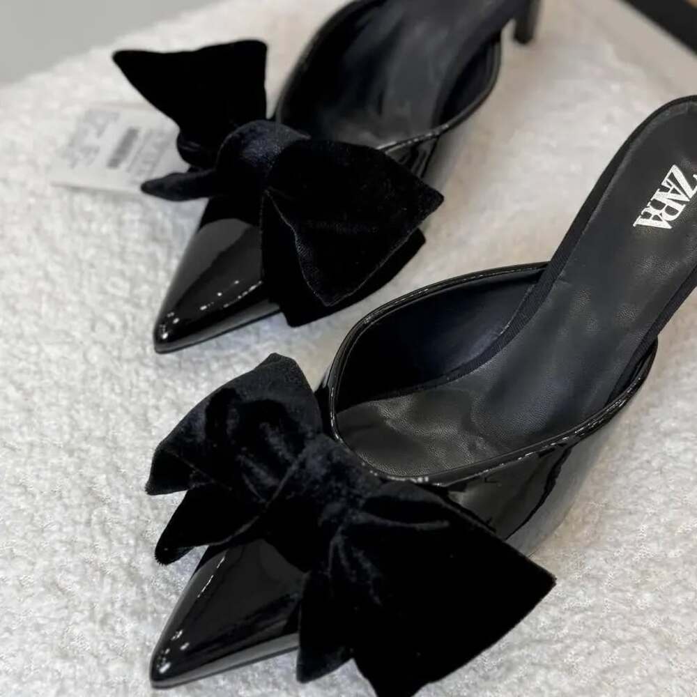 Zara Black Patent Bow Mule Heels NWT Pointed Toe Kitten Heel Slip On Size 6.5 - Picture 11 of 16